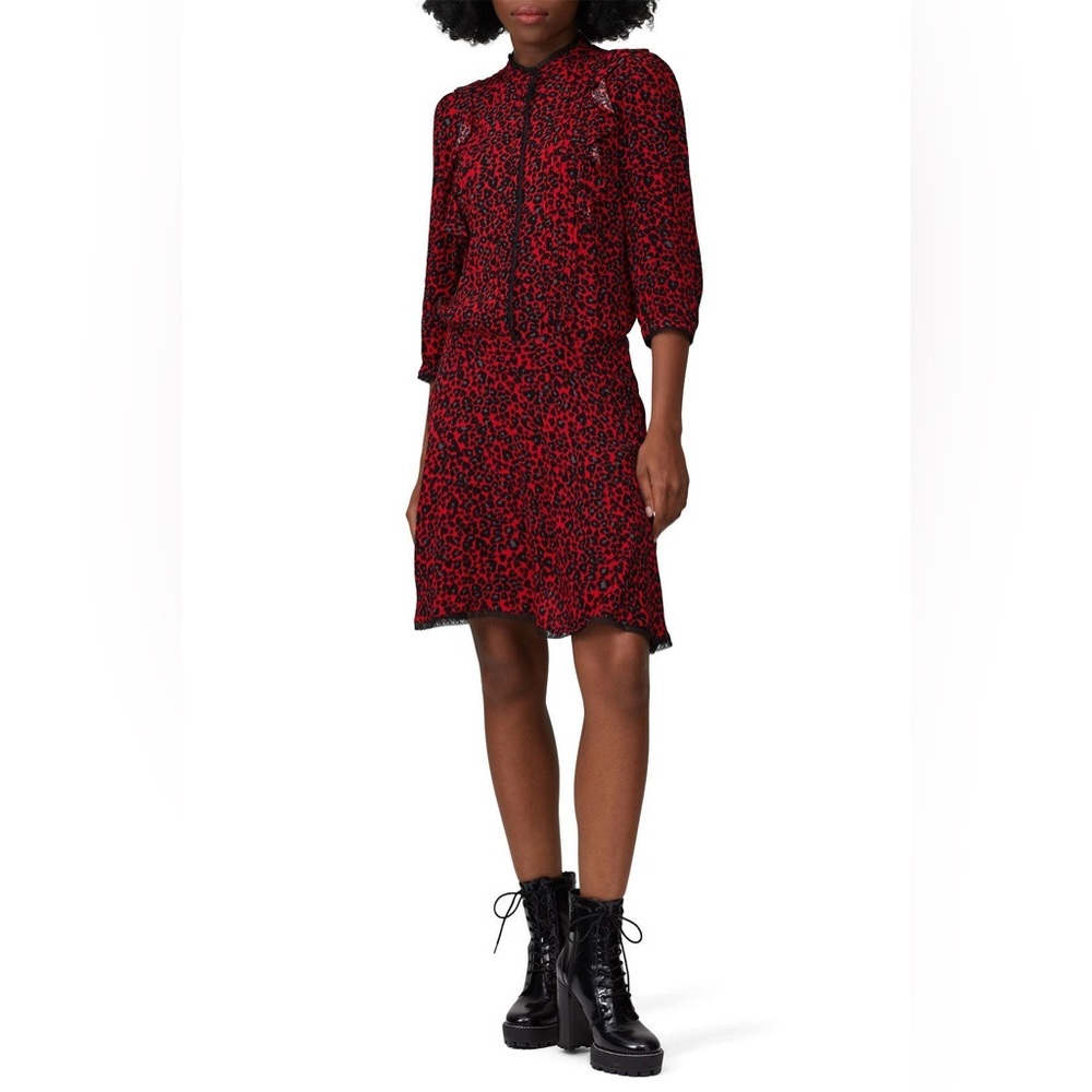Zadig & Voltaire Remo Print Leopard Coeur Ruffle Dress in Red/Black - S - Picture 2 of 7
